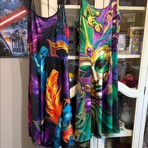 2 Mardi Gras Feather and Mask Print Women's Dresses